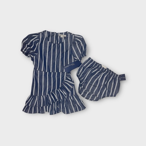 Habitual Striped Ruffled Mock Wrap Blue Dress - Picture 3 of 6